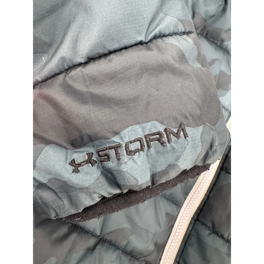 Under Armour Puffer Jacket Kids Large Blue Camo Storm Hooded Coat Reversable